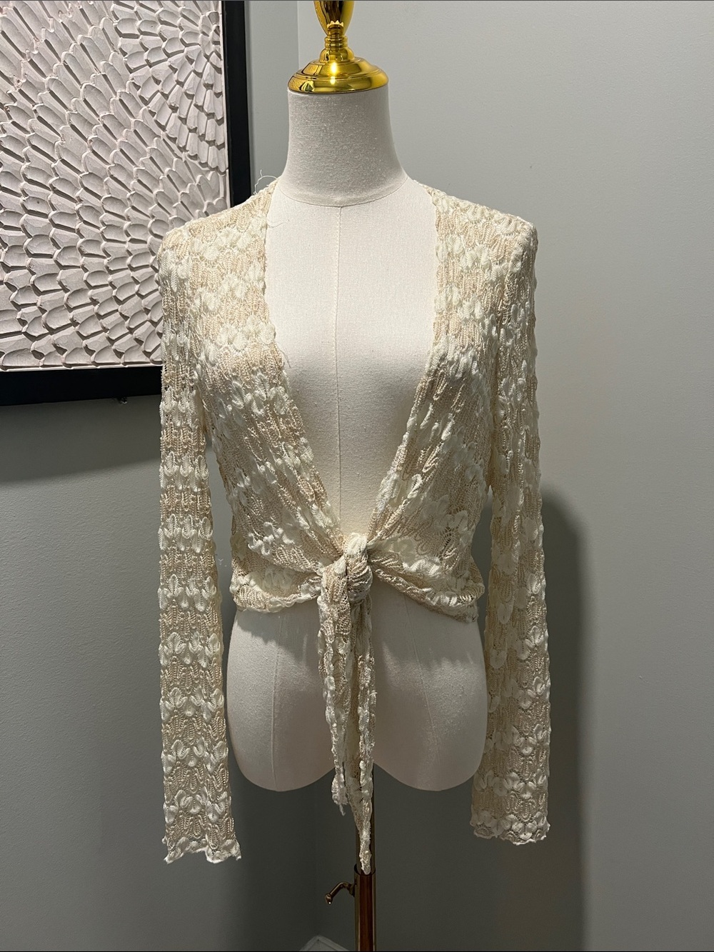 Worthington Cream Lace Tie-Front Long Sleeve Top
